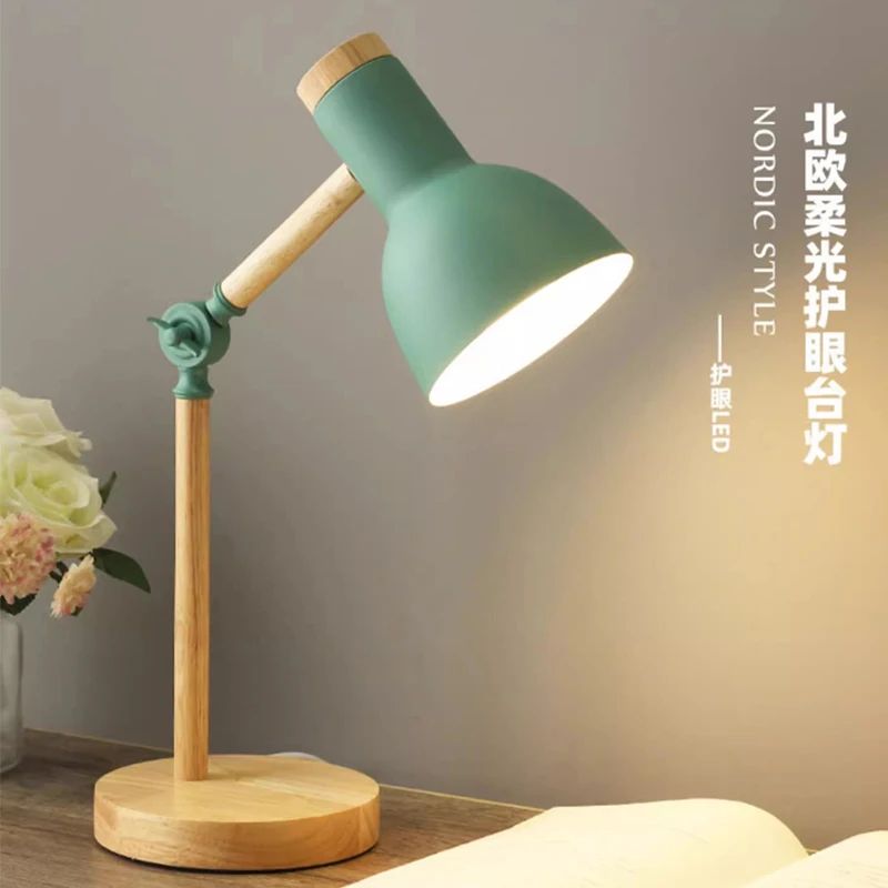 Nordic Wooden LED Desk Lamp Adjustable Head Eye Protection Bedside Light white uk Plug no Bulb