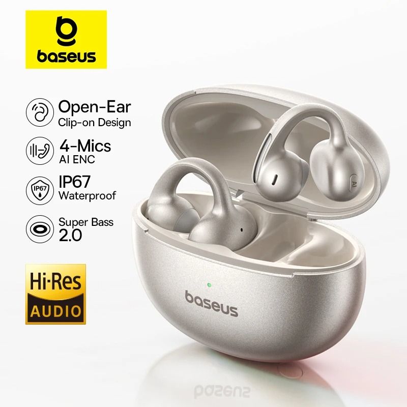 Baseus MC1 Pro Wireless Ear Clip Earphones | Bluetooth 6.0 Hi Res Open Ear Buds With 4 Mic ENC stellar White