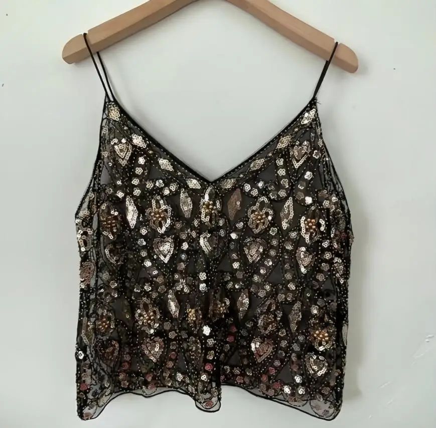 Sequin Beaded Flower Open Back V Neck Cami Sheer Chic Summer Vest style B one Size