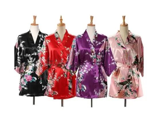 Peacock Print Japanese Kimono Yukata Professional Silk Satin Short Nightgown & Bath Robe Costume pink m
