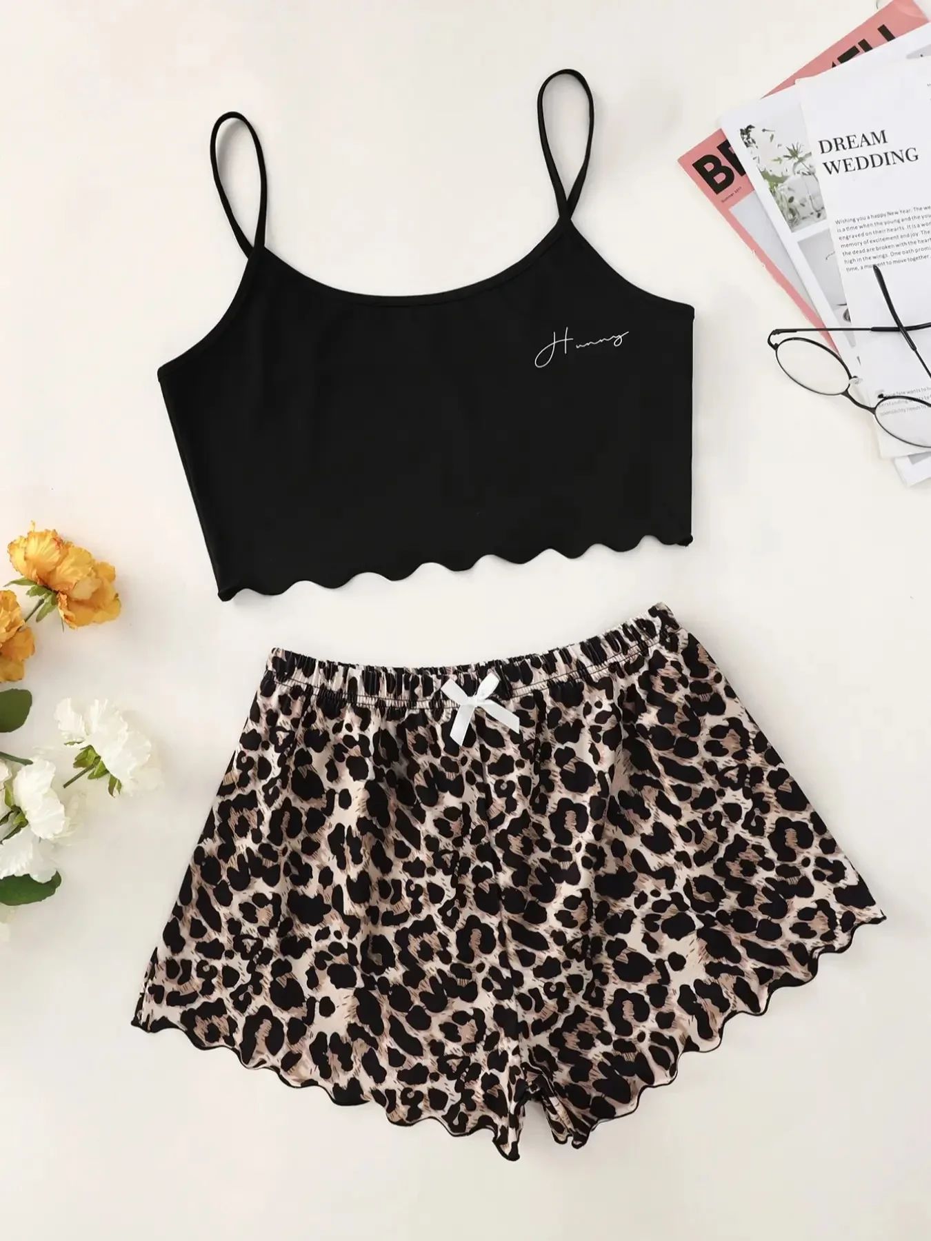 Women Leopard Print V Neck Cami And Shorts Pajama Set b xl