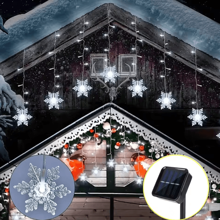 Solar Powered Snowflakes Curtain Lights 96 LED Waterproof For Christmas Wedding And Party Decoration cold White