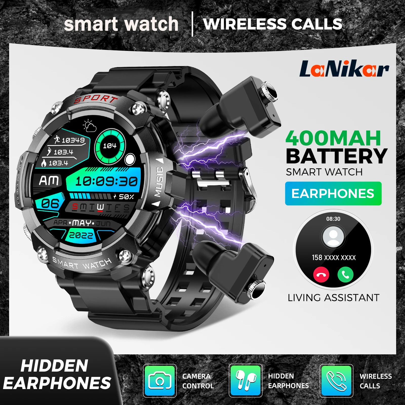 LaNikar AMOLED Smartwatch With Built In Bluetooth Earbuds a