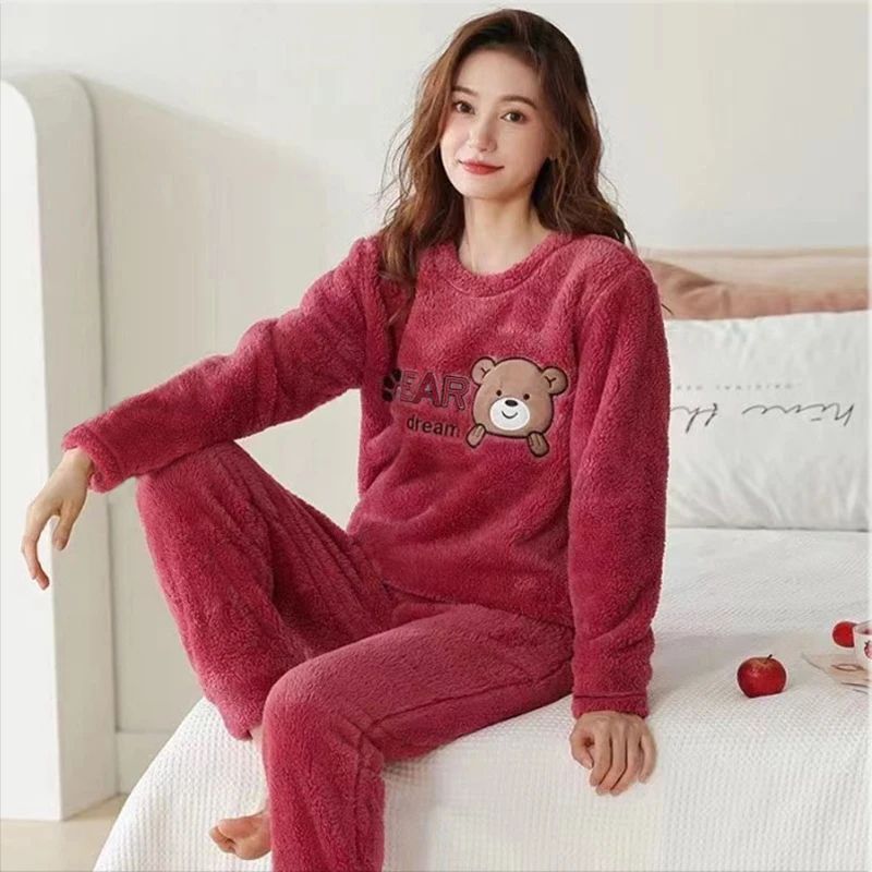 Women Winter Thick Flannel Coral Velvet Bear Pajama Set blue m(40 55kg)