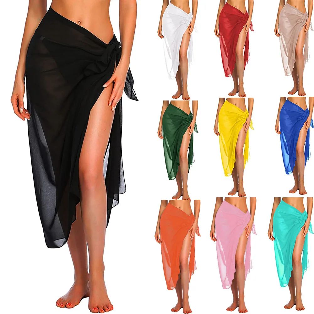 Sheer Beach Sarong Wrap Skirt For Women black long one Size