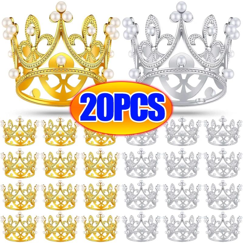 Mini Crown Pearl Cake Topper Tiara Decoration 16pcs silver