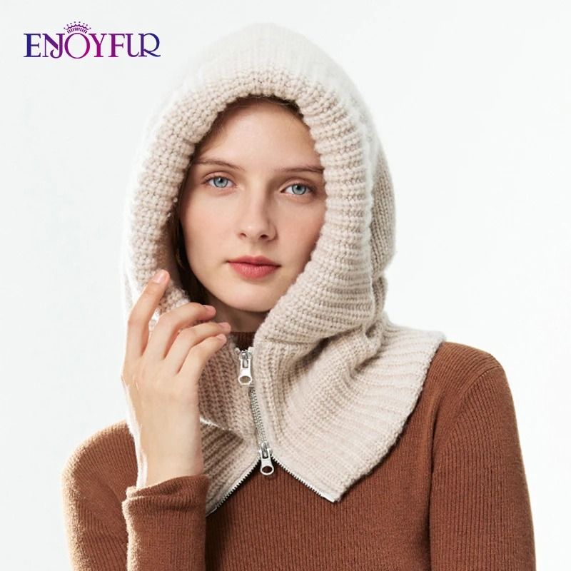 Premium Zippered Thermal Wool Knit Balaclava Hood beige