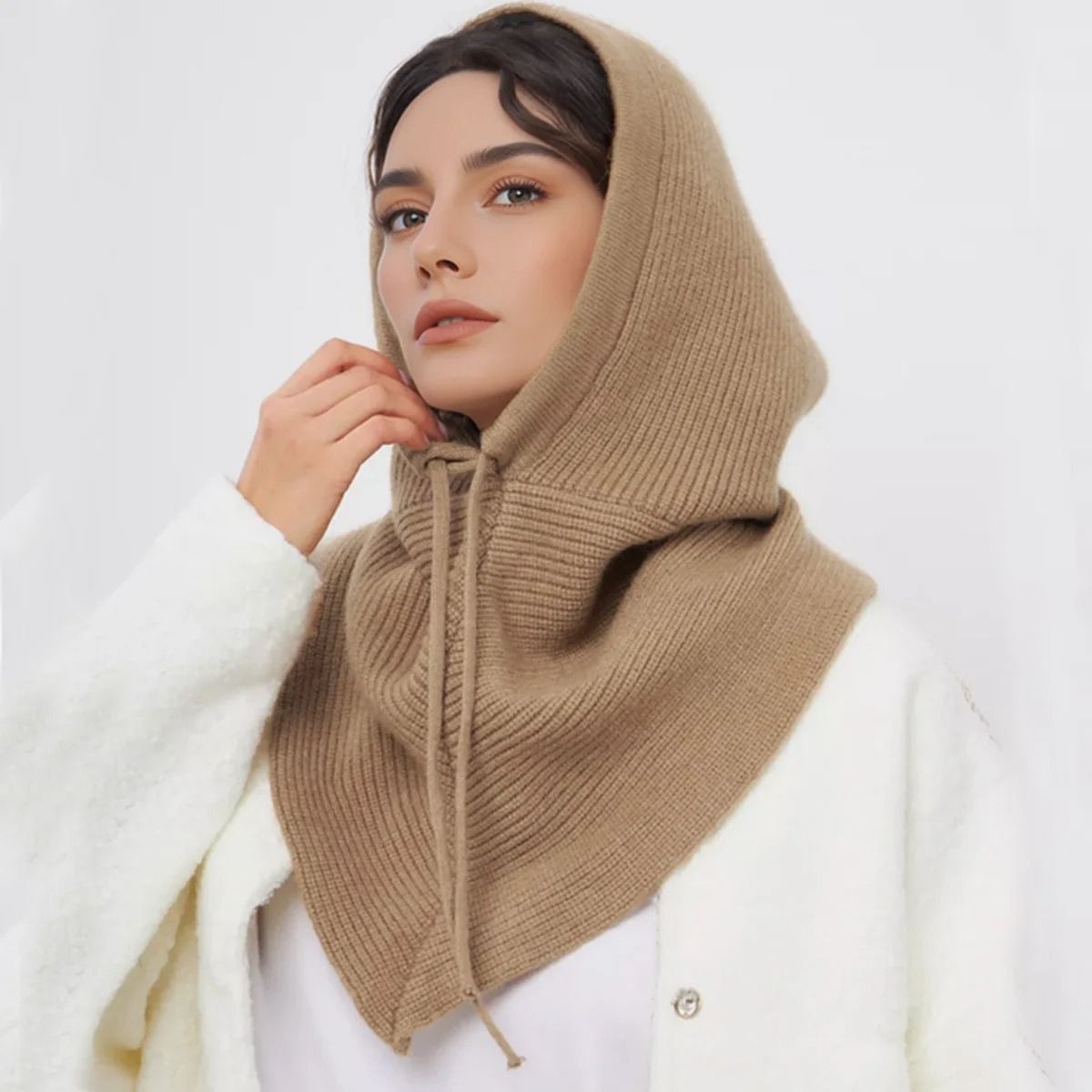 Seamless Knitted Thermal Balaclava Hood And Neck Warmer coffee