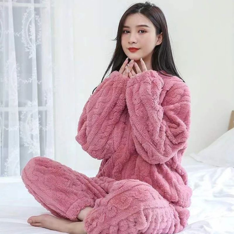 Women Autumn Warm Ribbed Velvet Fleece Pajama Set pink one Size