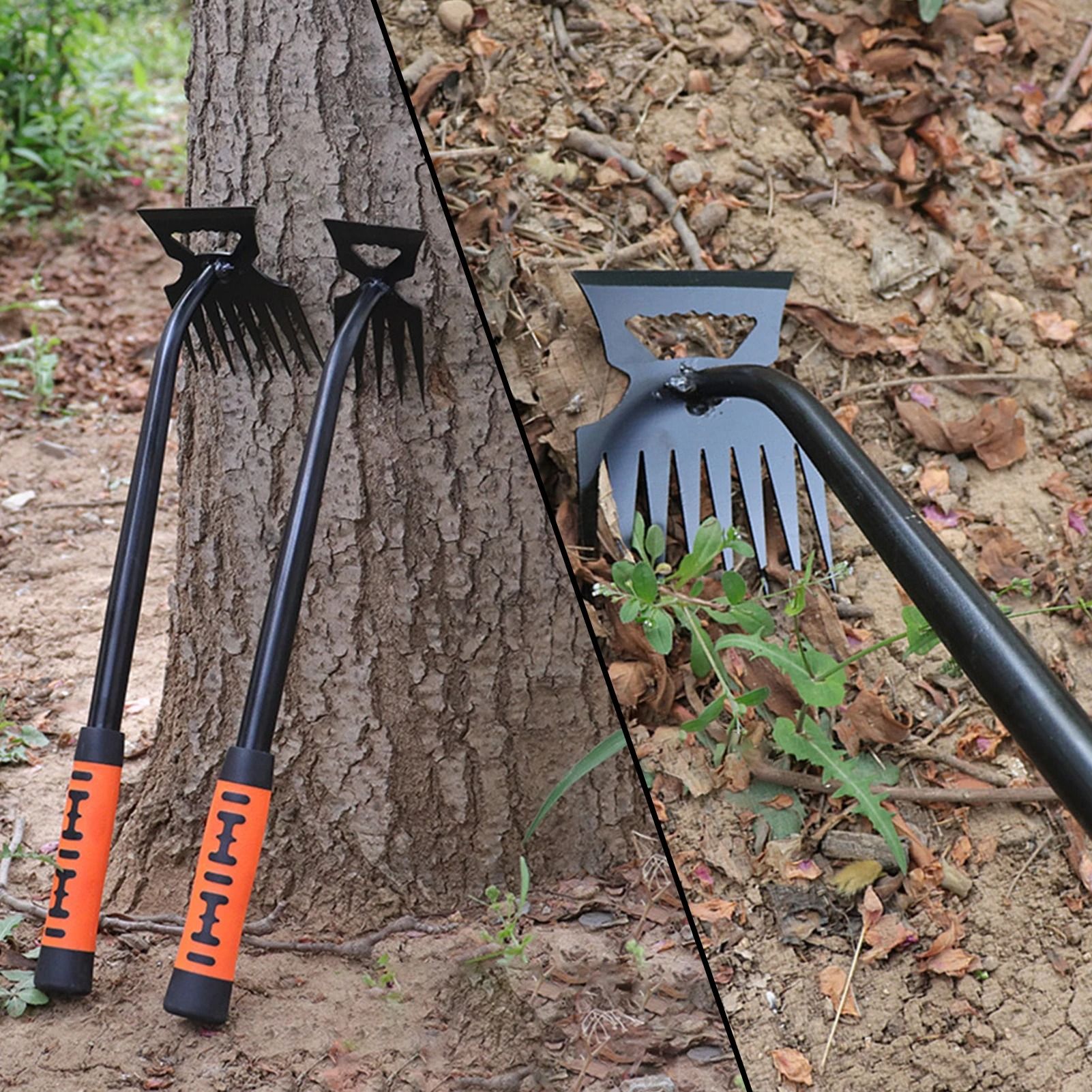 Metal Weed Cleaning Shovel & Garden Rake 2 in 1 Stainless Steel Dual Headed Weeding Tool 6 Teeth