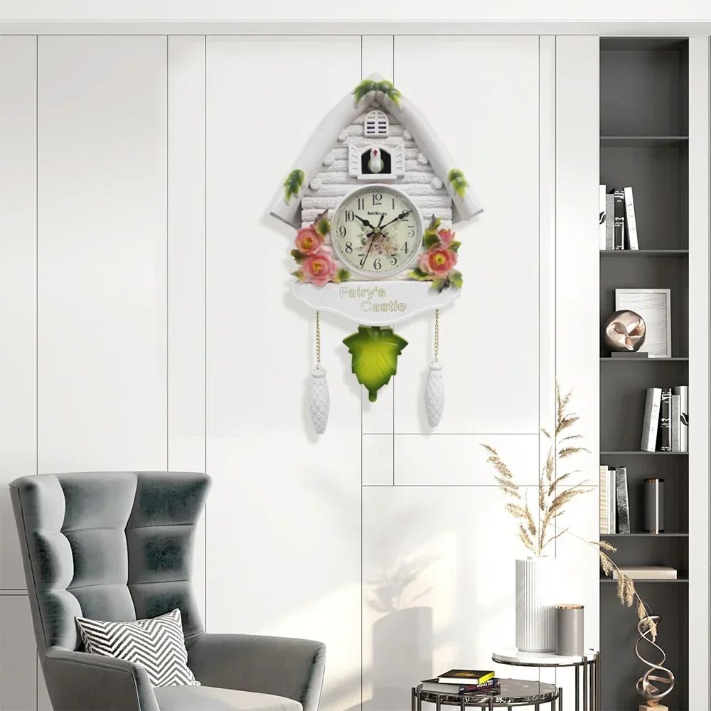 Nordic Bird House Cuckoo Wall Clock With Pendulum And Hourly Alarm white flower