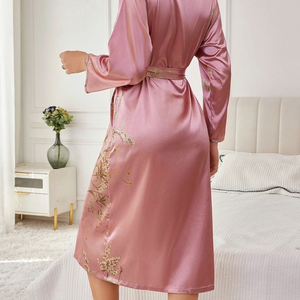 Elegant Floral Silk Robe For Women Loose Fit Long Sleeve Loungewear pink xl