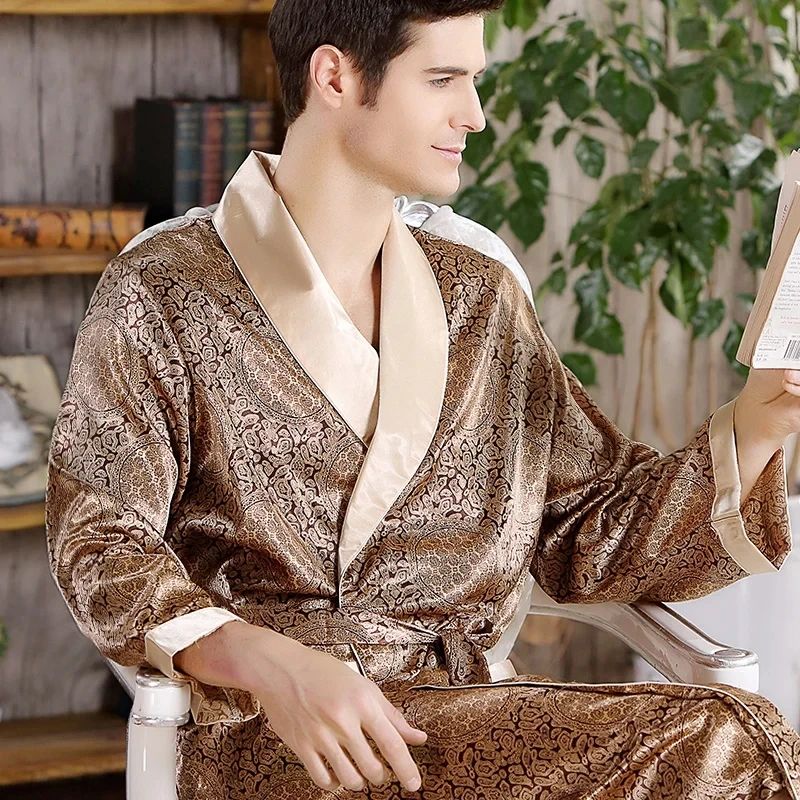 Luxury Satin Gold Kimono Robe For Men Silk Geometric Long Bathrobe Plus Size silver 1 xxl