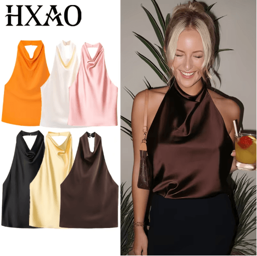 HXAO Satin Halter Backless Corset Top Elegant Summer Tank For Women green xs(us 2)
