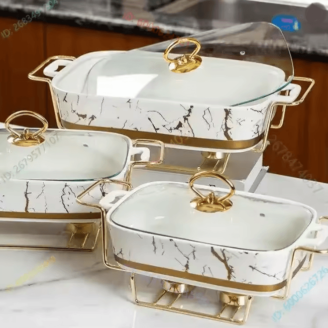 Rectangular Ceramic Soup Warmer Pot With Candle Heater And Serving Tray 34x20x10xm white