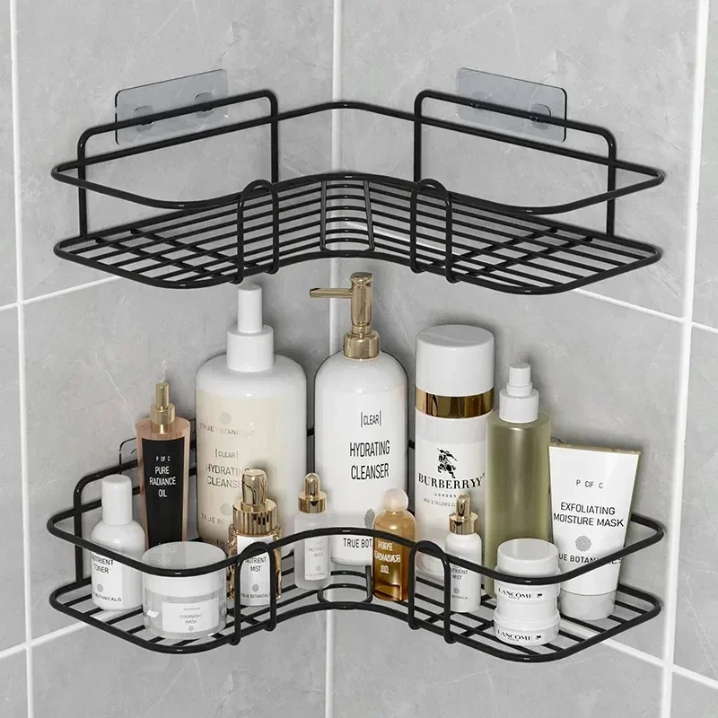 Bathroom Organizer Wall Shelf Corner Storage Iron Shower Drain Basket Cosmetic Rack Shampoo Holder triangle Black