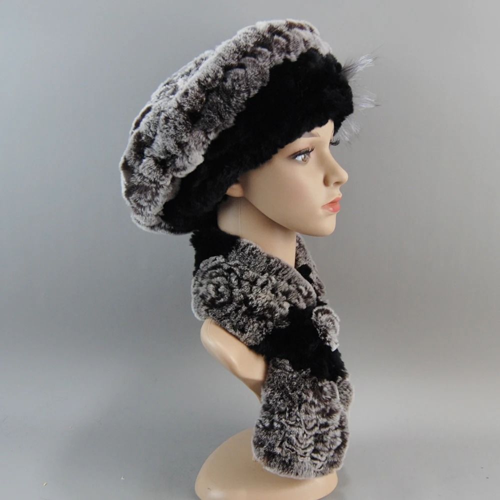 Luxury Genuine Rex Rabbit Fur Hat And Scarf Set white