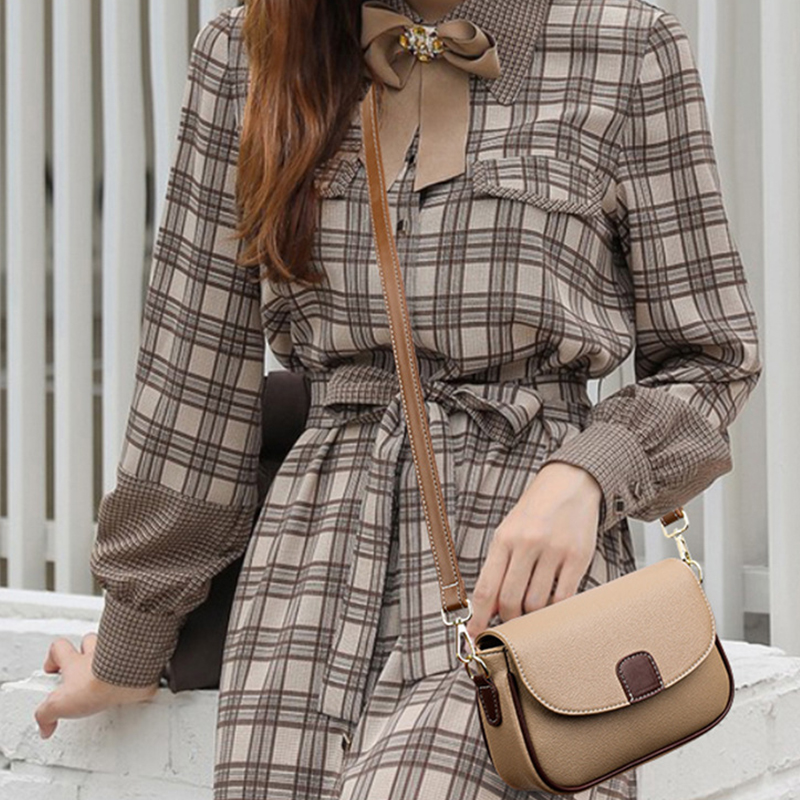 Luxury Contrast Color Messenger Handbag, PU Leather Shoulder Bags For Women, Fashion Flap Crossbody Purse khaki