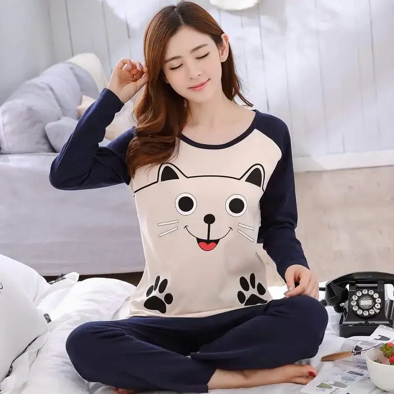 Women Autumn Thin Bear And Cat Print Pajama Set i xl