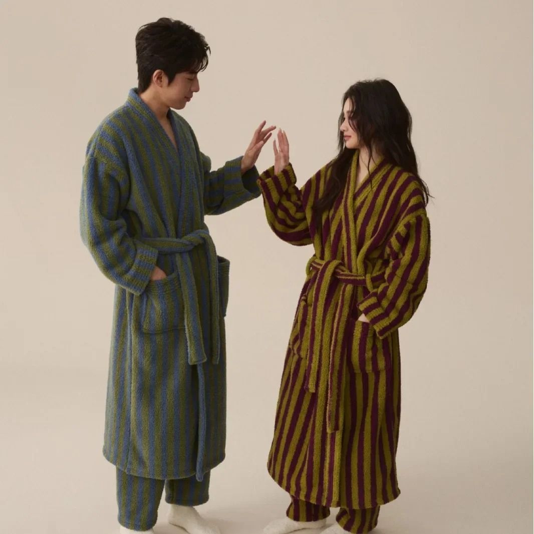 Thickened Flannel Robe & Pants Pajamas Set Professional Autumn Winter Striped Couples Home Clothes men Robe B 2xl