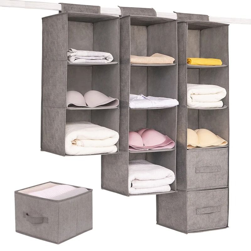 Collapsible Wardrobe Hanging Storage Organizer With Drawer Shelves beige (5 Layers)