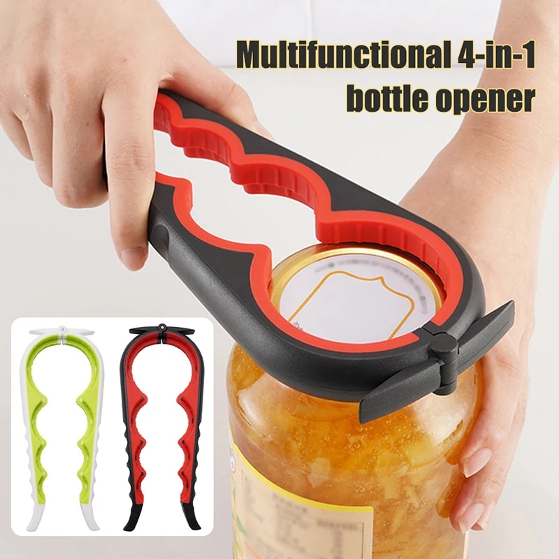 Four Position Can Opener Anti Slip Cap Twister, Multi Functional Beverage Bottle Opener black