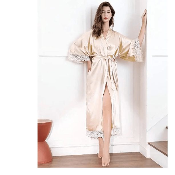 Silk Satin Lace Long Wedding Robe For Bride And Bridesmaid blue 2 Xl