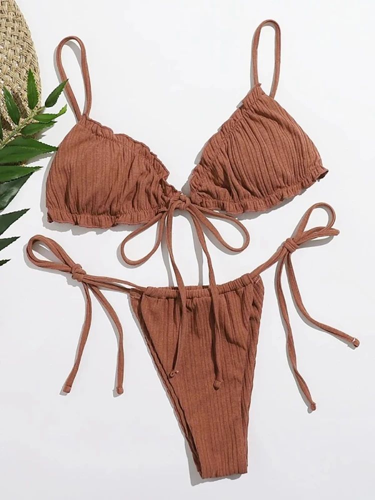 Striped Push Up Bandage Bikini Set brown xl
