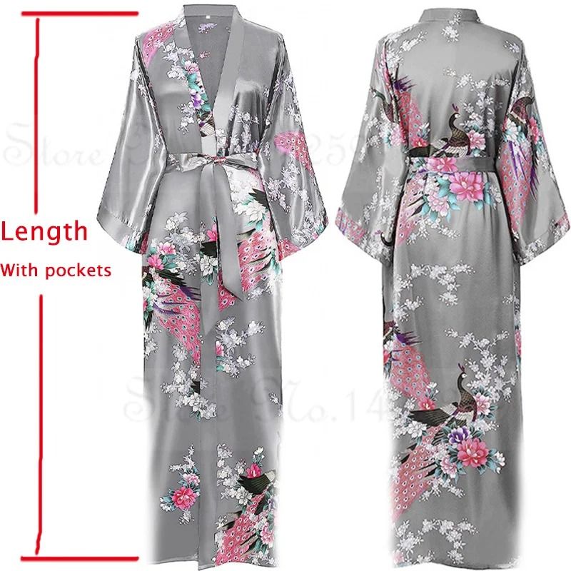 Luxurious Long Satin Kimono Robe Professional Bride & Bridesmaid Dressing Gown With Pockets dark Green A xl