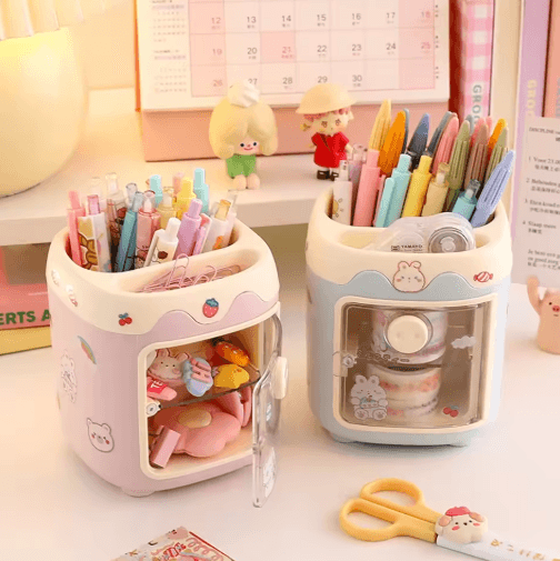 Kawaii Large Pen Holder & Multifunction Desk Organizer For Stationery And Makeup blue
