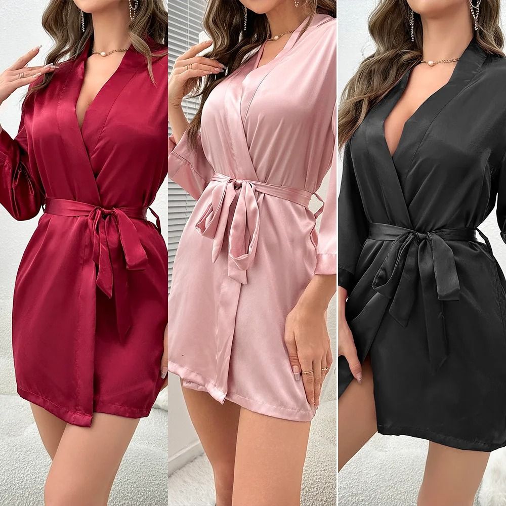 Short Satin Kimono Bride Bridesmaid Getting Ready Robe For Women pink m