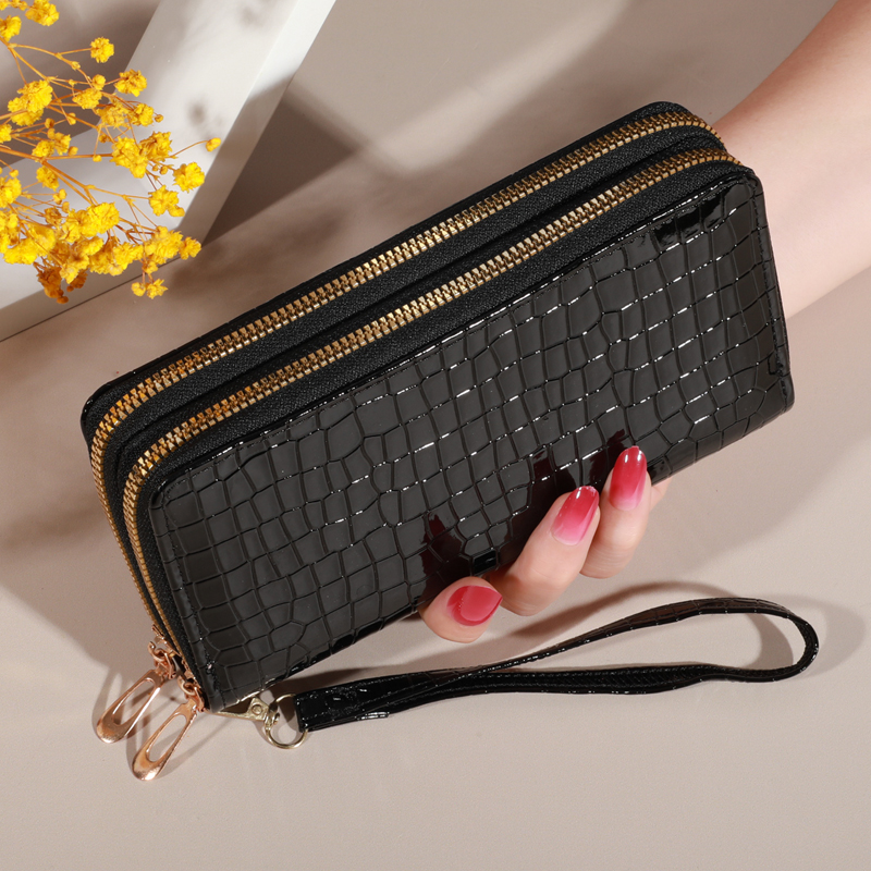 Chic Vintage Double Layer Clutch Wallet Retro Zipper Coin Purse & Wristlet Fashionable Womens Accessory With Secure black