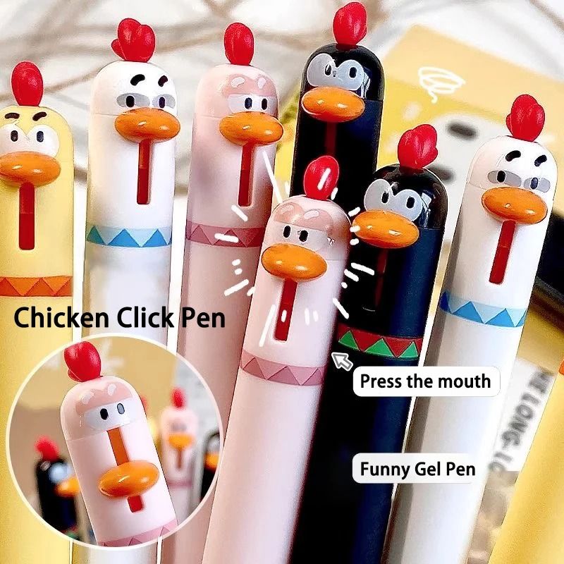 Funny Chicken Click Gel Pen 0.5mm Fast Drying Stress Relief Toy & Cute Korean Stationery For School black (5 Pcs)