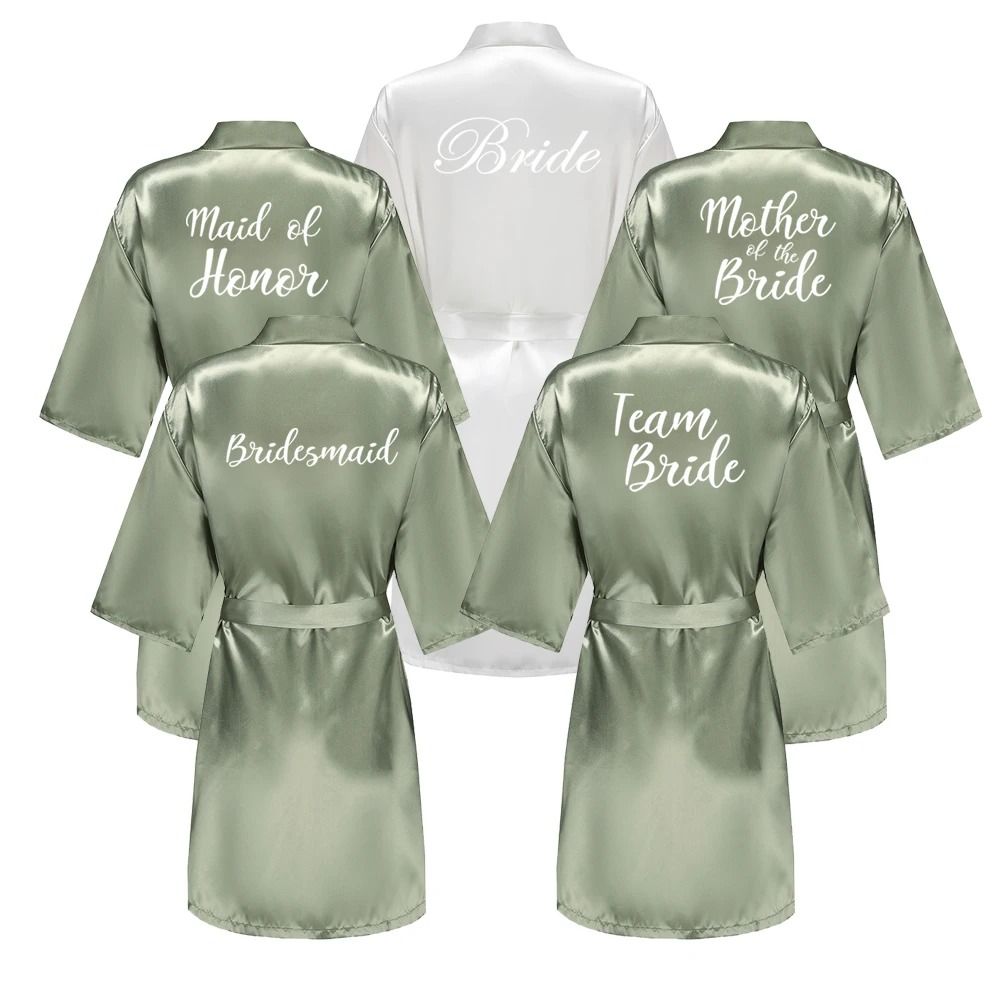 Grass Green Satin Bride And Bridesmaid Short Robe For Wedding Party o l