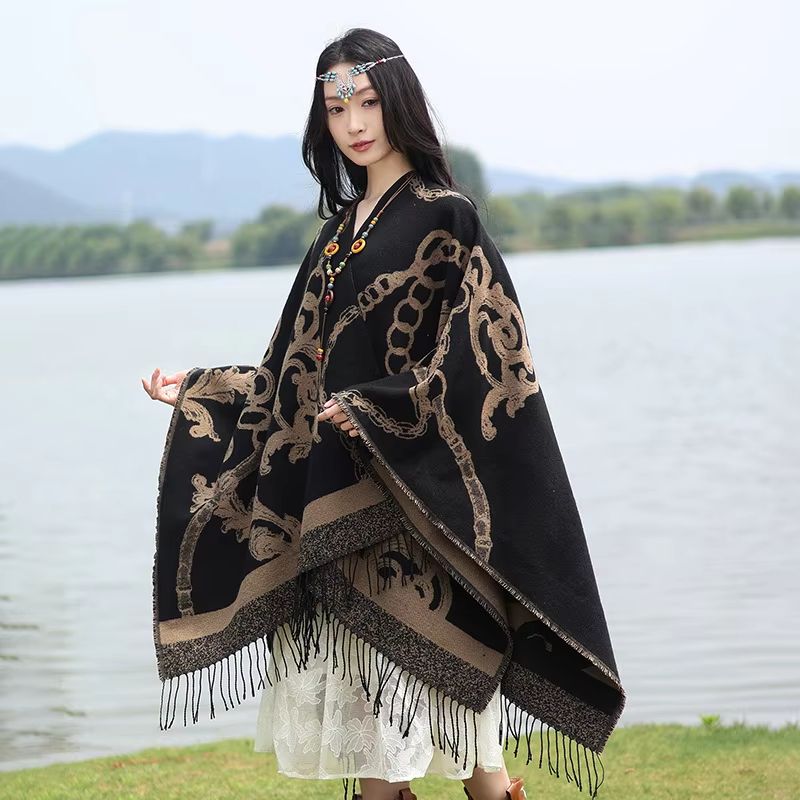 Luxury Jacquard Cashmere Poncho Cape, Thick Unisex Travel Shawl Wrap orange