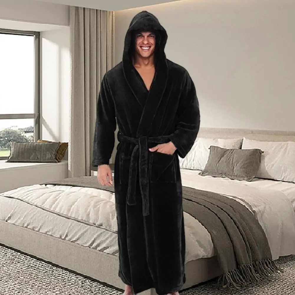 Mens Premium Hooded Flannel Bathrobe Long Quick Dry Sleepwear & Soft Fluffy Home Gown black l