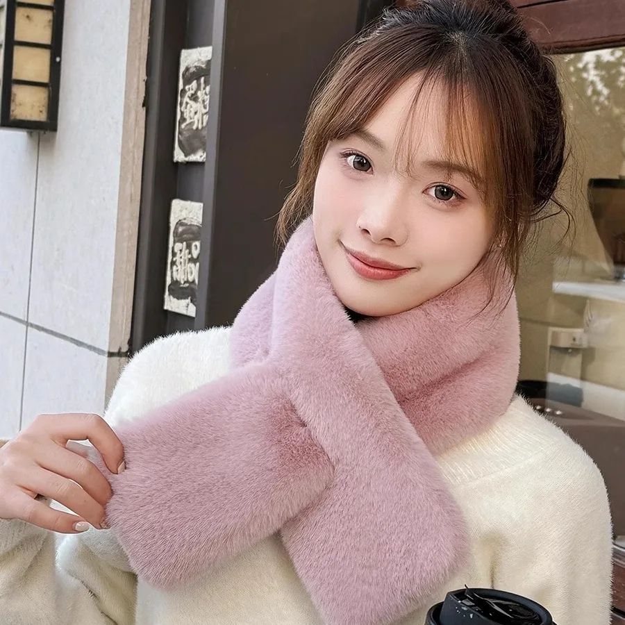 Luxury Faux Rabbit Fur Cross Collar Scarf Women's Thick Winter Furry Neck Warmer beige