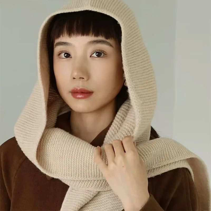 100% Pure Wool Oversize Sophie Scarf And Balaclava Hood beige
