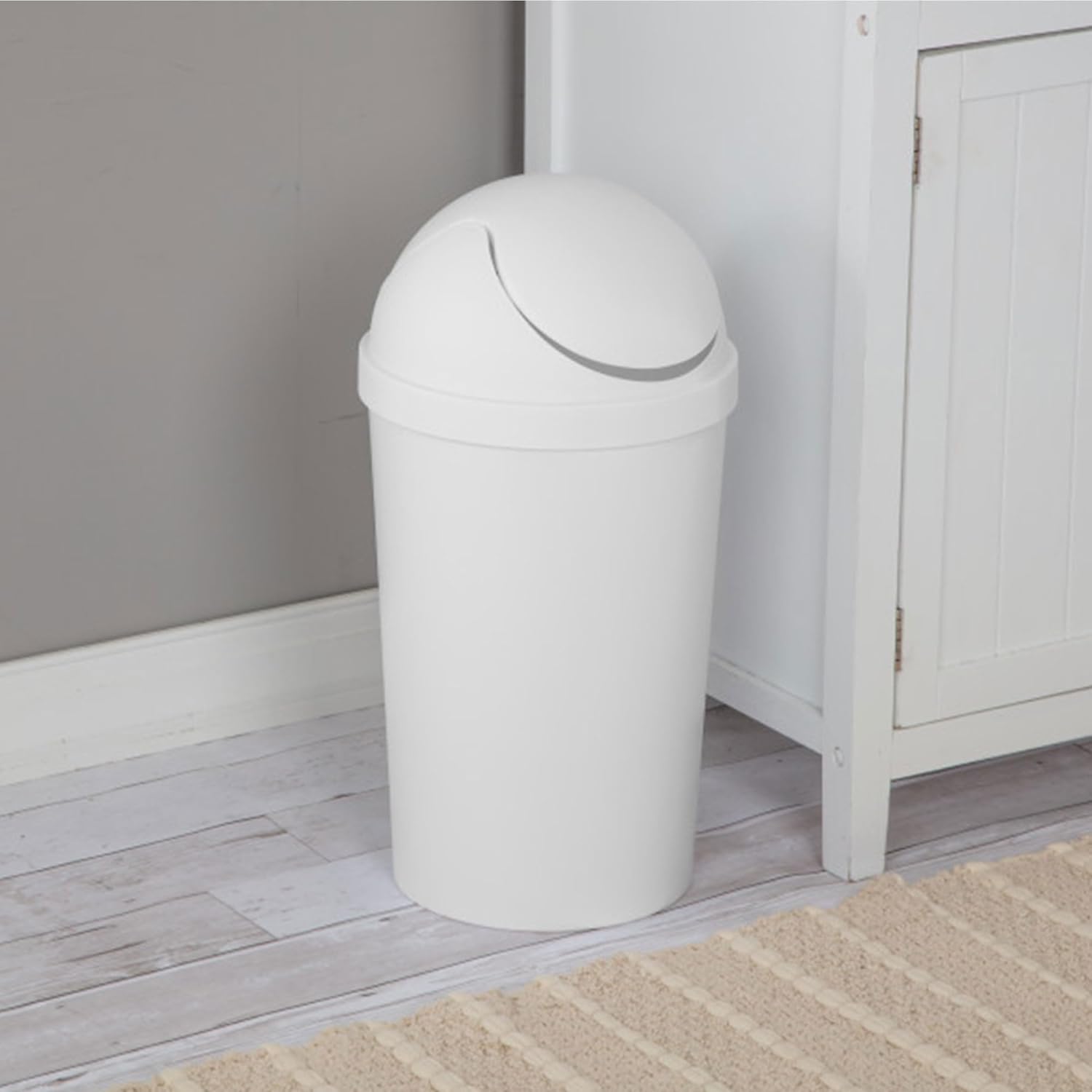 Round SwingTop Wastebasket With Lid, Small Plastic Trash Can For The Bathroom, Bedroom, Dorm Or Home white