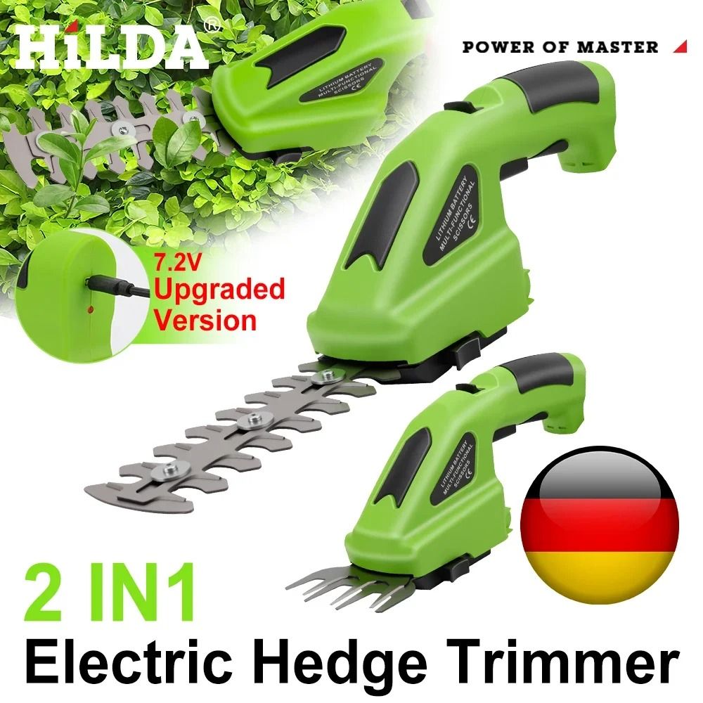 HILDA 2 in 1 Handheld Hedge & Grass Trimmer Cordless Lightweight Shrub Trimmer With Alloy Steel Blades 7.2v