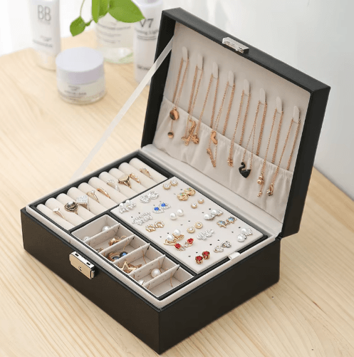 Double Layer Wooden Jewelry Box With PU Leather Organizer & Ring Storage grey