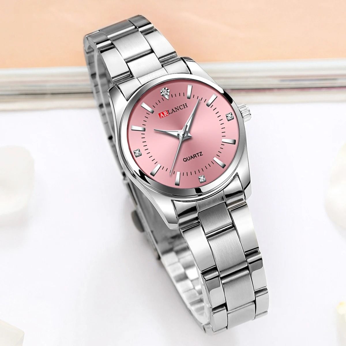Rhinestone Minimalist Watch Fashionable Stainless Steel Pink Dial Timepiece For Outdoor And Travel white