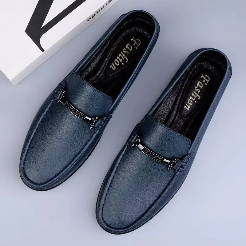 Classic Blue Genuine Leather Slip On Loafers For Men midnight Black 38