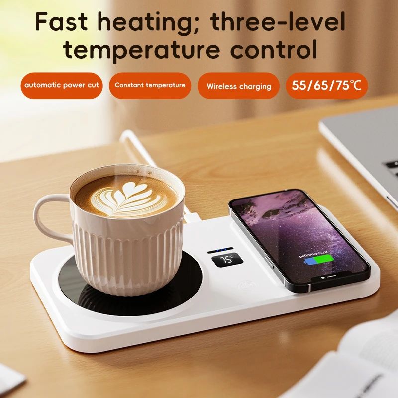2 In 1 Wireless Charging Heated Cup Warmer Mat black