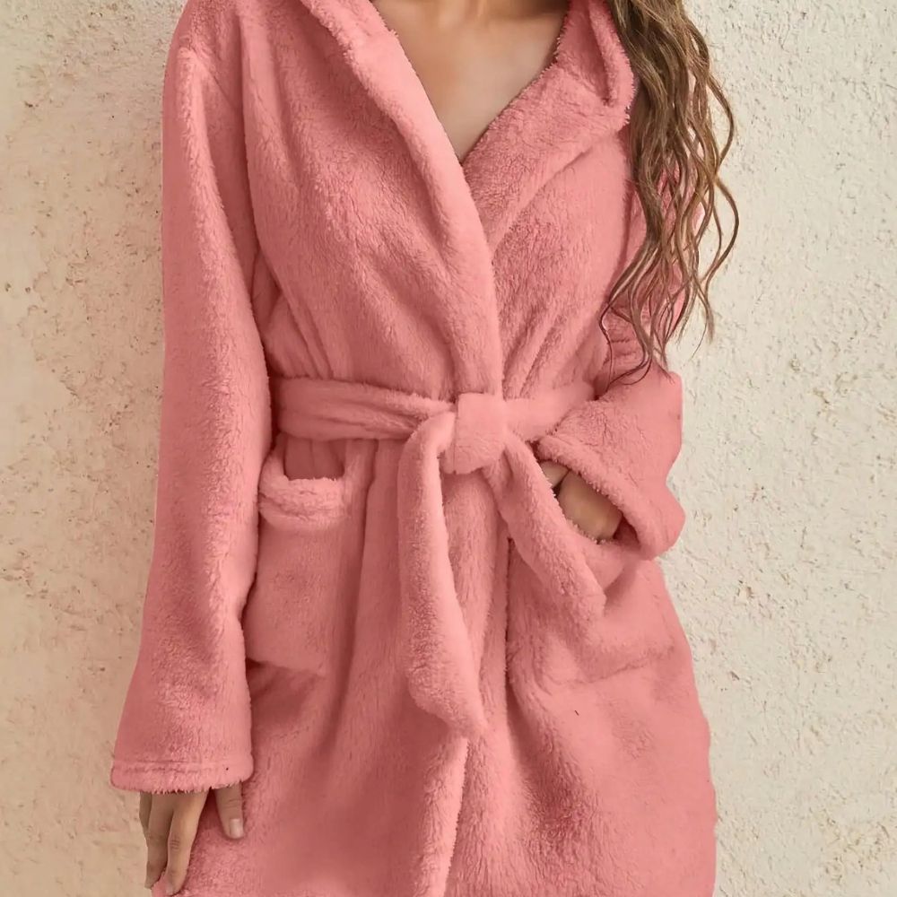 Womens Hooded Fleece Robe With Belt Cozy Autumn Winter Loungewear sky Blue l