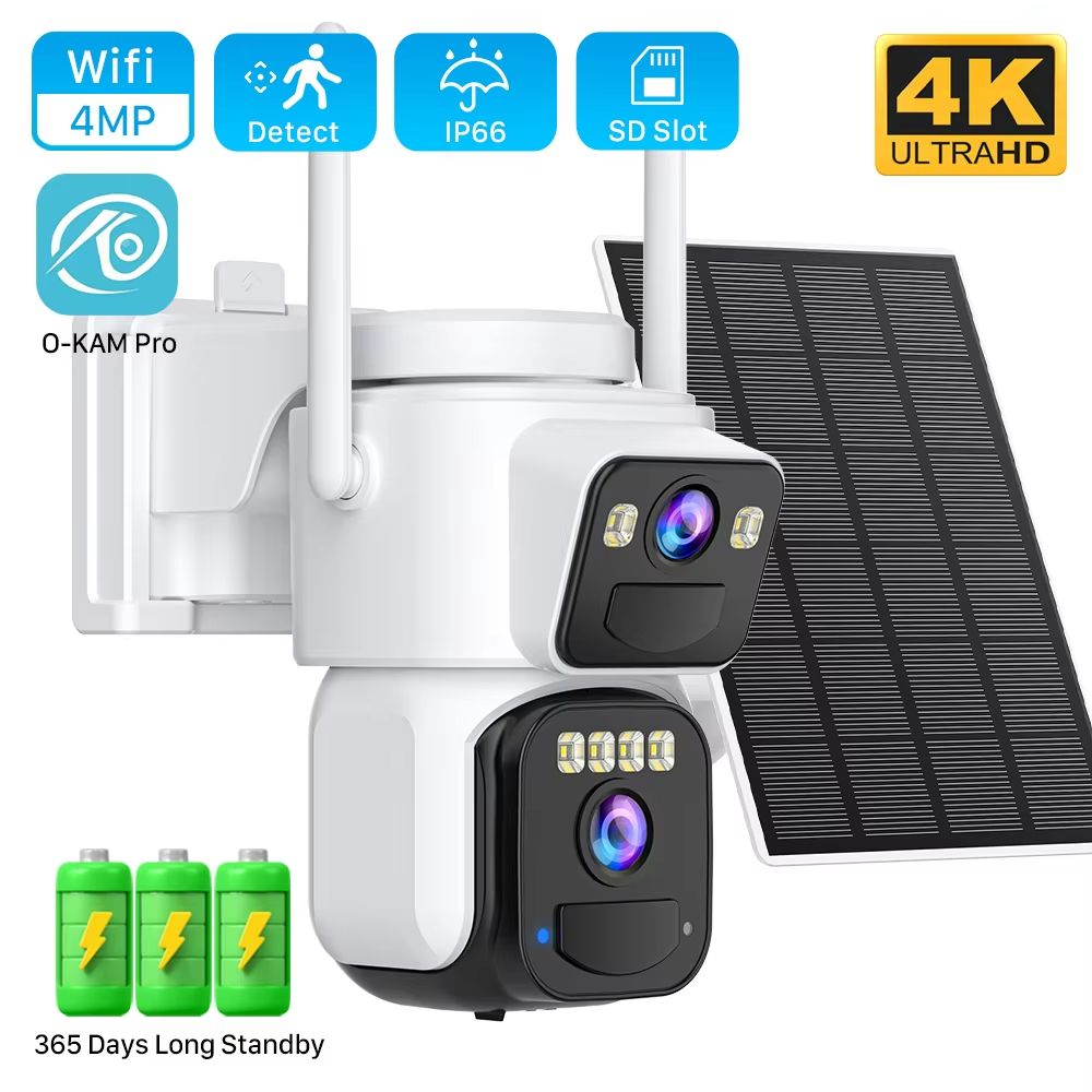 8MP Dual Lens Solar Security Camera With PIR Alerts, Color Night Vision, PTZ Coverage, O KAM App Ready camera Add 32g Card
