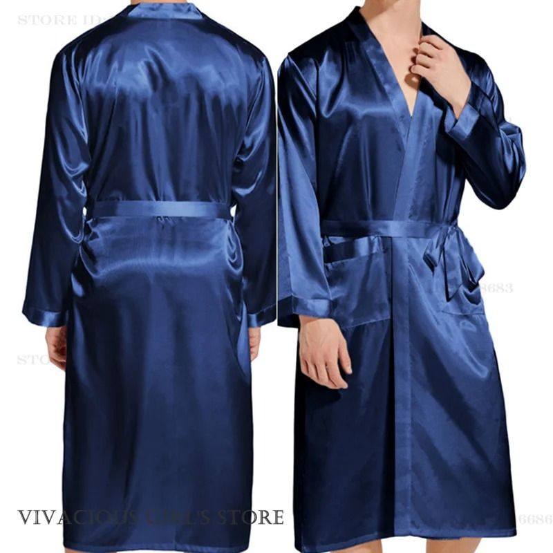 Premium Mens Silk Satin Bathrobe Professional Navy Blue Wedding Kimono & Sleepwear Gown white 2 m