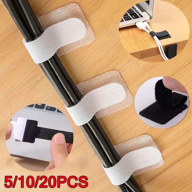 Reusable Adhesive Cable Ties High Performance Adjustable Cord Organizer Straps For Desk Management 20 Pcs Black