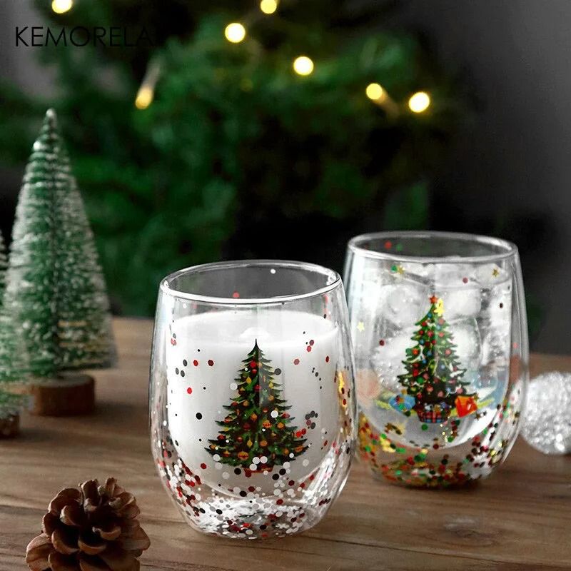 Double Wall Christmas Glass Mug Heat Resistant Holiday Coffee Cup colorful 300 Ml