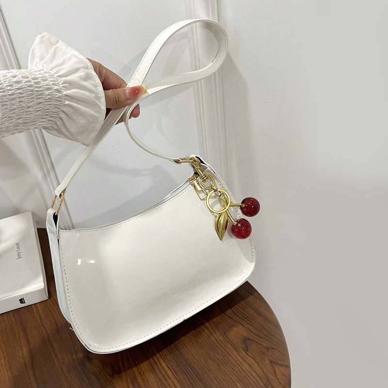 Womens Leather Handbag With Cherry Pendant Versatile Fashion Solid Color Shoulder Bag For Casual Commuting black